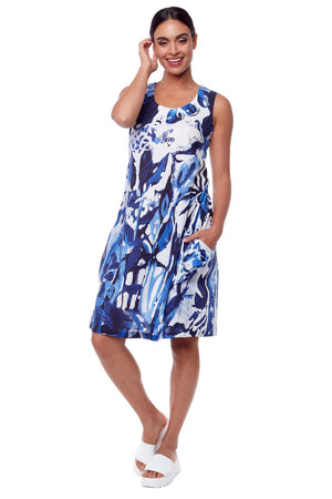 Claire Desjardins Blue & White at Liberty Sleeveless Pocket Dress.  Blue and white abstract artist screen print.  Sleeveless scoop neck dress with a line shape.  Extra drape in skirt creates 2 side seam pockets with pleat detail below.  Knee length.  Relaxed fit._34112714178760