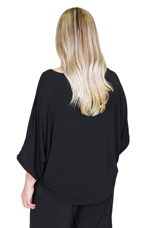 Planet Bateau T in Black. Boat neck dloman elbow length wide sleeve. Curved hem. Oversized fit._33980320022728