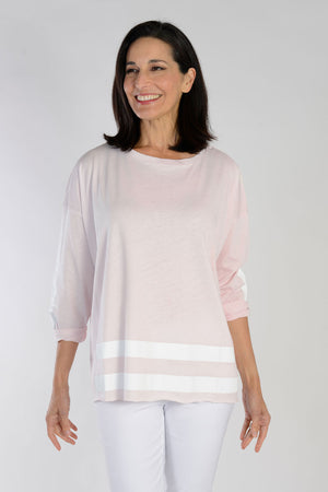 Planet Boxy Bar T in Pinkish, a light pink with White screen print. Double bar print at front hem. Single rectangular bar on each sleeve and down center back. Crew neck, long sleeves with drop shoulder. Raw edges. One size fits most. Oversized fit._34112413335752