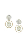 Stylish and modern dangle earrings each featuring a luminous white pearl framed by a golden brass ring hanging from a hammer textured organic shaped silver stud with a  standard hypoallergenic earring clip backing._t_33891613212872