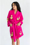 This super soft and cozy short length robe is the ultimate relaxation wear! Made from 100% cotton, this plush bathrobe is decorated in adorable yellow duckies and features two front patch pockets, a turned back shawl collar, and an adjustable self wrap belt for maximum comfort. You'll be all smiles in this luxurious terry bathrobe!_t_33942336667848