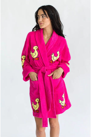 This super soft and cozy short length robe is the ultimate relaxation wear! Made from 100% cotton, this plush bathrobe is decorated in adorable yellow duckies and features two front patch pockets, a turned back shawl collar, and an adjustable self wrap belt for maximum comfort. You'll be all smiles in this luxurious terry bathrobe!_33942336667848