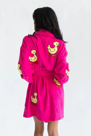 This super soft and cozy short length robe is the ultimate relaxation wear! Made from 100% cotton, this plush bathrobe is decorated in adorable yellow duckies and features two front patch pockets, a turned back shawl collar, and an adjustable self wrap belt for maximum comfort. You'll be all smiles in this luxurious terry bathrobe!_33942336700616
