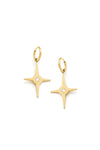 The Star Bright Earrings are eye catching and fun! These golden stainless steel earrings each feature large re-imagined star shaped pendant with a sparkling crystal rhinestone in the center hanging from standard snap huggie hoop. This elegant accessory will add interest to your outfit._t_33915296448712