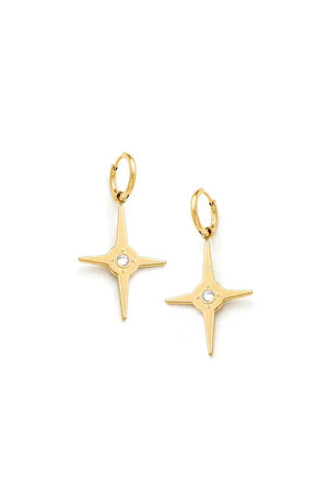 The Star Bright Earrings are eye catching and fun! These golden stainless steel earrings each feature large re-imagined star shaped pendant with a sparkling crystal rhinestone in the center hanging from standard snap huggie hoop. This elegant accessory will add interest to your outfit._33915296448712