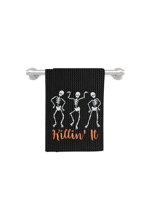 Bone appetit! A skele-fun addition to your seasonal kitchen decor! Made from 100% cotton, this waffle weave kitchen towel features three sassy embroidered skeletons. Whether your spooky treats are the life of the party, or the afterlife of the costume parade, you'll be cooking and baking in style._34426749124808
