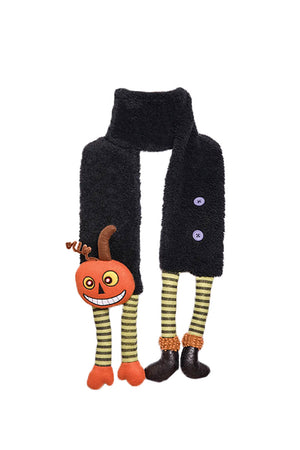 Let the ghoul times roll! This bewitchingly cute scarf features a dimensional pumpkin with striped leggins and a smile that is ready for ghastly greetings. Costume or not, this festive scarf ensures you'll have a frightfully delightful Halloween! Throw on the Happy Pumpkin Scarf and instantly create a look perfect for trick-or-treating or passing out candy._33321865871560