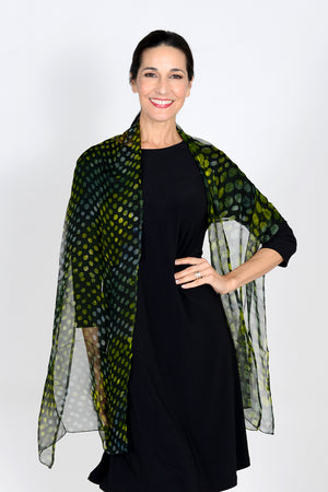 Add style and grace to your outfit with all-day comfort and appeal! The Oliver Dots Scarf is handmade in the batik tie-dye technique featuring a wave of colorful varied dots on a semi-transparent black background. _33816041750728