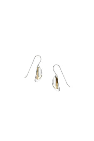 Chic and dainty earrings featuring 3 stacked two-tone concave brass discs with hammered texture dangling from standard fishhook ear wire. _33086392893640