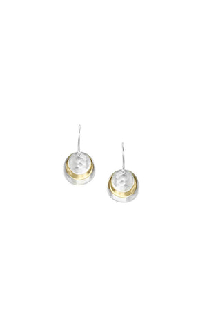 Chic and dainty earrings featuring 3 stacked two-tone concave brass discs with hammered texture dangling from standard fishhook ear wire. _33086392860872