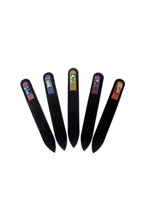 The only nail file you’ll ever need! Glass files are gentler for your nails than cardboard emery boards and help to prevent nail breakage.  These artisan crystal nail files come in a variety of colorful ombre designs in a protective black suede sleeve. Each file is made from high quality Czech Republican glass with a finish that is permanently etched into them, and will never dull!_33373676732616