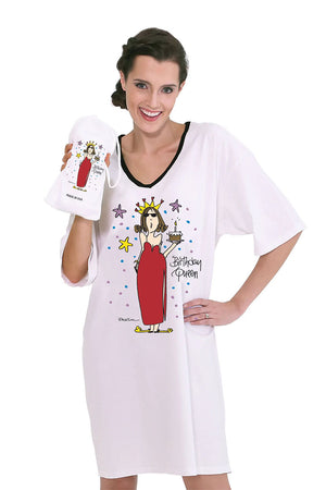 A cute and snarky oversized graphic tee fit for a queen celebrating their special day featuring a whimsical illustration. Super comfortable and lightweight, this night shirt is soft to the touch, and perfect for lounging around the house or reading a good book in bed!  Each shirt comes inside a matching drawstring bag printed with the same design, making this whimsical sleep shirt a great and thoughtful gift._33248805159112