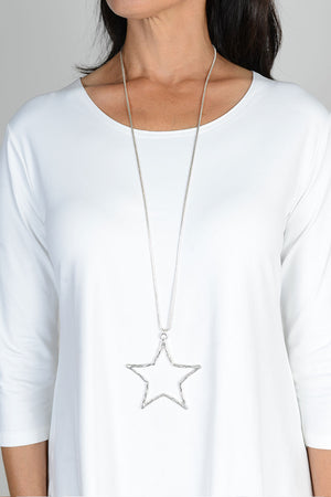 Large silver open star shaped pendant on silver snake chain_34858806837448