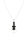 Necklace showcasing a  geometric pendant with  a luminous glass bead inside an open silver ring hanging from a half circle wooden bead and a rotating rectangular wooden bead inside an stationary rectangular frame_t_32554214097096