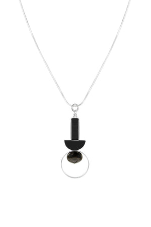 Necklace showcasing a  geometric pendant with  a luminous glass bead inside an open silver ring hanging from a half circle wooden bead and a rotating rectangular wooden bead inside an stationary rectangular frame_32554214097096