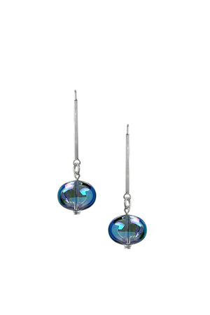 Color shifting blue bead hanging from silver post earring with french hook_32553699967176