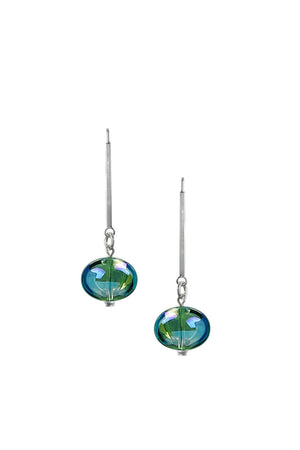 Color shifting green bead hanging from silver post earring with french hook_32553699999944