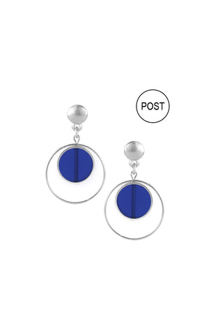 Luminescent bright blue bead in the center of a silver ring hanging from flat silver circle stud with a standard hypoallergenic surgical steel post and rubber back._32542862278856