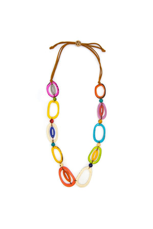 Organic Tagua Emily Necklace adjustable 32 inch to 40 inch long necklace with multi colored oblong tagua nut pieces separated by small beads on a cord _33102948925640