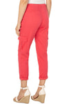Liverpool Cargo Crop with Cuff in Watermelon. Mid rise roll cuff pant with button and zipper closure. Belt loops. 2 front slash pockets, 2 back welt pockets. Side cargo pockets with flap. 26" inseam._t_33983295291592