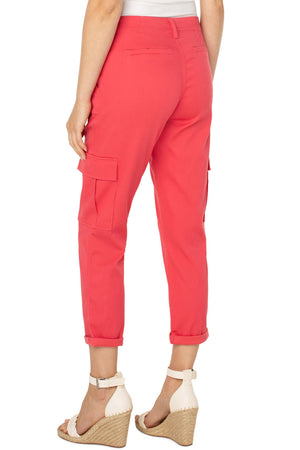 Liverpool Cargo Crop with Cuff in Watermelon. Mid rise roll cuff pant with button and zipper closure. Belt loops. 2 front slash pockets, 2 back welt pockets. Side cargo pockets with flap. 26" inseam._33983295291592