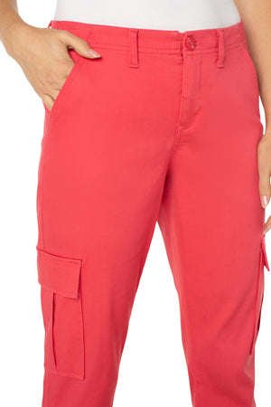 Liverpool Cargo Crop with Cuff in Watermelon. Mid rise roll cuff pant with button and zipper closure. Belt loops. 2 front slash pockets, 2 back welt pockets. Side cargo pockets with flap. 26" inseam._33983295226056