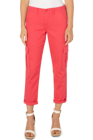 Liverpool Cargo Crop with Cuff in Watermelon.  Mid rise roll cuff pant with button and zipper closure.  Belt loops.  2 front slash pockets, 2 back welt pockets.  Side cargo pockets with flap.  26" inseam. _33983295160520
