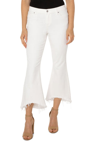 Liverpool Hannah Crop Flare with Curved Hem in White.  Mid rise 5 pocket jean with button and zip closure.  5 pocket styling.  Belt loops.  Flared crop with frayed curved hem.  27" inseam._34112786038984