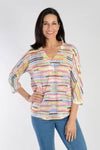 Atelier 5 Notched V Tee. Multi colored broken stripe screen print lightweight knit.  V neck with dolman 3/4 sleeve.  High low hem.  Relaxed fit._t_34114827124936