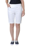   Lisette L Montreal Jupiter stretch short in White pull on short with 3" waistband and silver tab with front pockets shorts that hit right above the knee. white_t_23765760377032
