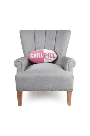This cute and quirky pink "chill pill" latch hook pillow is the perfect for any chair, bed, or sofa. This adorable pillow is handmade with dyed wool and backed with a soft velvet fabric and zipper closure._32841460383944