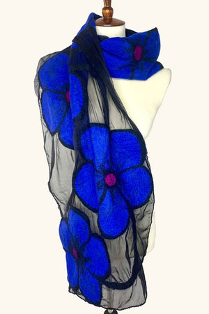 Midnight Flower Scarf, Royal blue poppy flowers with beaded centered felted over black silk chiffon_31057852989640