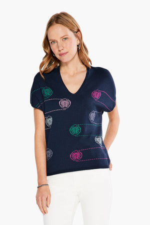 This sustainable sweater features a fun and bright design that pops against the deep indigo background, a flattering v-neck, and roomy short sleeves. The NIC+ZOE Color Spun Sweater is just as comfy as it is eye-catching!_34057381380296