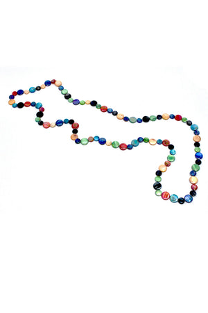 Single Strand Mother of Pearl Necklace in Dark Jewel Tones.  multi colored discs in lustrous colors on a knotted cord.  Long length can be doubled.  No closure_14968530763885