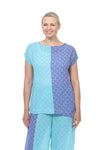 Terra Wave Print Duo Top in Blue/Aqua.  Tee shirt style with crew neck and dolman cap sleeve.  Complementary colors split down the middle front and back.  _t_33963616207048
