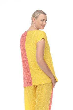 Terra Wave Print Duo Top in Orange/Yellow. Tee shirt style with crew neck and dolman cap sleeve. Complementary colors split down the middle front and back._33963616239816