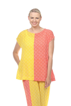 Terra Wave Print Duo Top in Orange/Yellow. Tee shirt style with crew neck and dolman cap sleeve. Complementary colors split down the middle front and back._33963616141512