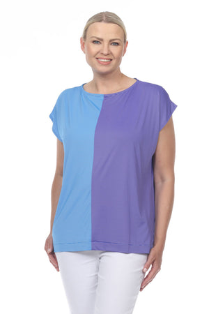 Terra Cap Sleeve Duo Top. Crew neck cap sleeve tee in Blue/Ocean. Top is split down the middle front and back and color-blocked in 2 complementary shades. Side slits. High low hem. Relaxed fit._33977935528136