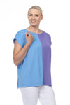 Terra Cap Sleeve Duo Top. Crew neck cap sleeve tee in Blue/Ocean. Top is split down the middle front and back and color-blocked in 2 complementary shades. Side slits. High low hem. Relaxed fit._t_33977935626440