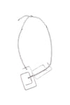 Beaded necklace showcasing two large rectangular pewter spiral pendants strung onto a pewter beaded chain_t_32521090367688