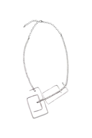 Beaded necklace showcasing two large rectangular pewter spiral pendants strung onto a pewter beaded chain_32521090367688
