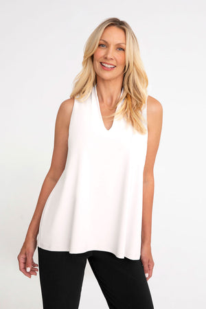 Sympli Deep V Trapeze Tank White. Sleeveless tank with deep v neck. Relaxed fit._33264997073096