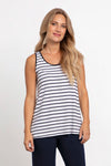 Sympli Striped Go To Tank Relax in Navy Stripe.  Horizontal stripes in navy on a white background.  Scoop neck sleeveless tank with deep side slits.  Solid navy piping at neck and armhole.  Relaxed fit._t_33772199575752