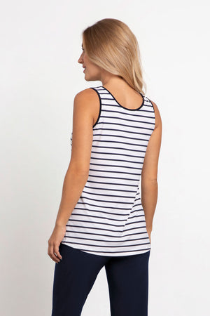 Sympli Striped Go To Tank Relax in Navy Stripe. Horizontal stripes in navy on a white background. Scoop neck sleeveless tank with deep side slits. Solid navy piping at neck and armhole. Relaxed fit._33772199674056