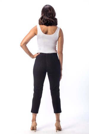 Holland Ave Susan Denim Crop PantHolland Ave Susan Denim Crop Pant in Black. Pull on hidden waistband pant with faux zipper flap. Snug through hip falls straight to hem. Side slits. 25" inseam._13120060325986