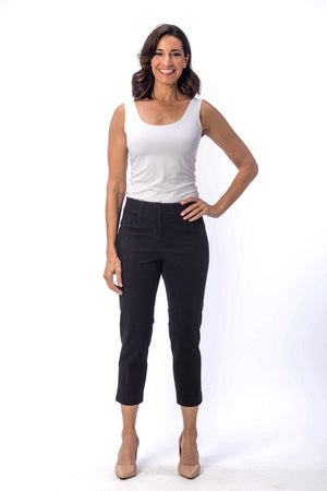Holland Ave Susan Denim Crop Pant in Black. Pull on hidden waistband pant with faux zipper flap. Snug through hip falls straight to hem. Side slits. 25" inseam._13120060358754