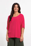Sympli Elbow Sleeve Safari Top in Watermelon.  Scoop neck elbow sleeve top with button tab.  Single front patch pocket with flap.  High low hem.  Side slits.  Relaxed fit._t_33977432670408