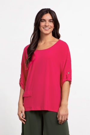 Sympli Elbow Sleeve Safari Top in Watermelon.  Scoop neck elbow sleeve top with button tab.  Single front patch pocket with flap.  High low hem.  Side slits.  Relaxed fit._33977432670408