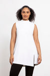 Sympli Sleeveless Mock Neck Slit Tunic in White.  Mock neck long top with asymmetric front hem.  Off side wrapped seam with slit.  Relaxed fit.  Tunic length._t_34038761291976